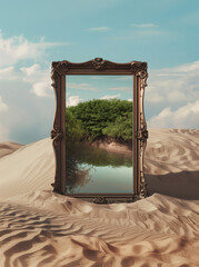 Vintage mirror in a desert landscape reflecting a green oasis. Eco-friendly conceptual background 