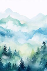 Misty mountain range, pine forests, soft colors. Winter wonderland.
