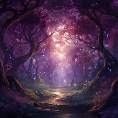 Enchanted forest path, glowing with purple light.
