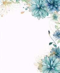 Delicate teal flowers frame a white background.
