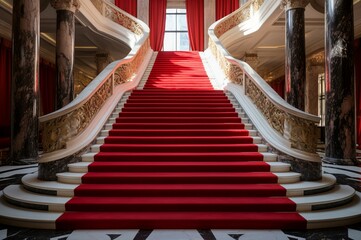 Elegant Marble stairs red carpet indoor. Palace luxury interior party design. Generate Ai