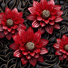 Red flowers, detailed and bold, on a black background.
