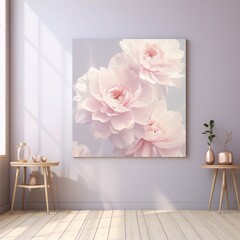 Delicate pink peonies, soft light, serene floral art.
