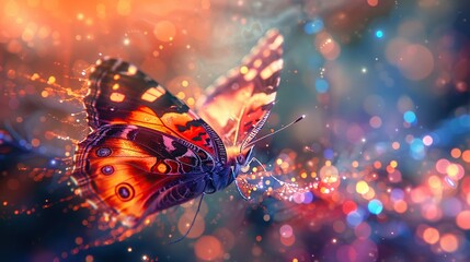 A digital art piece depicting the moment a butterfly takes its first breath, the exchange of gases visualized as a kaleidoscope of colors