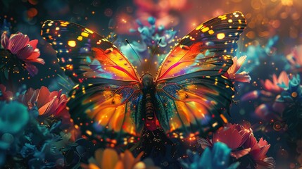 A digital art piece depicting the moment a butterfly takes its first breath, the exchange of gases visualized as a kaleidoscope of colors - obrazy, fototapety, plakaty