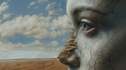 Female face with cracked skin revealing rocky surface underneath. Decay, dissolving, aging wallpaper.