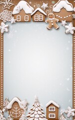 Gingerbread houses and a snowman, winter scene.
