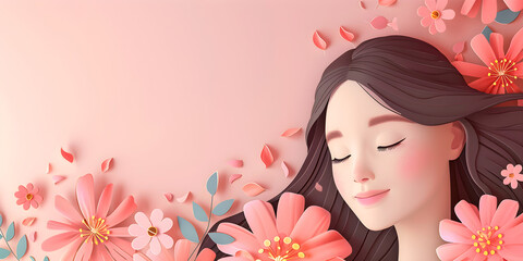 A cute woman with a flower in a paper cut style with floral background and copy space, celebrating Mother's Day and Women's Day.