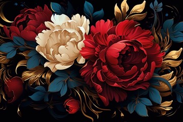 A vibrant bouquet of red and cream peonies, detailed gold accents, and dark leaves.
