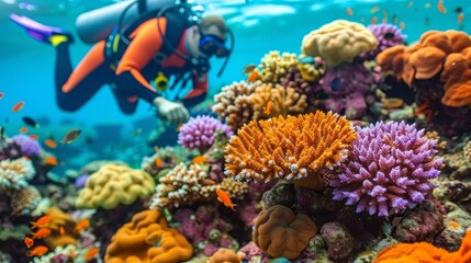 Fototapeta na wymiar A man in scuba gear explores over a vibrant coral reef An orange-purple sea anemone is prominently featured in the foreground