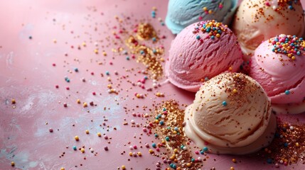   Three scoops of ice cream on a pink surface, each topped with sprinkles