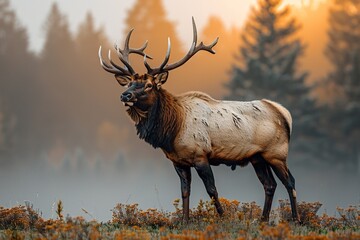 majestic elk in the foggy forest with beautiful lighting from the sun's rays, banner, poster 