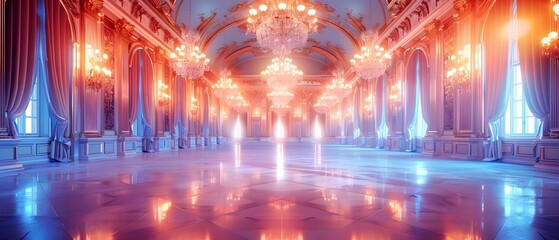 Opulent Ballroom with Majestic Chandeliers and Plush Drapery.. Concept Opulent Ballroom, Majestic Chandeliers, Plush Drapery