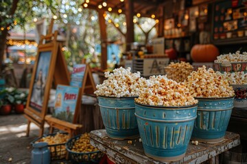 Fototapeta premium Charming autumnal concession stand bursting with buckets of popcorn amid seasonal decorations