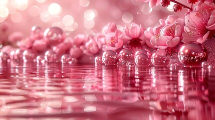   A tree adorned with pink flowers borders a tranquil body of water, where a mass of pink blossoms float atop the surface - obrazy, fototapety, plakaty