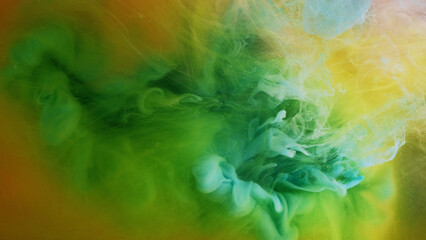 Color splash. Ink water explosion. Fantasy smoke. Bright green yellow blue orange fluid haze paint wave mix flow abstract art background. - 779993541