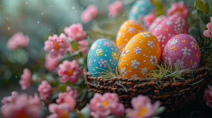   A basket overflowing with colorfully painted eggs atop a verdant green field adorned with pink and white blooms