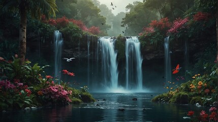 Digital Illustration of Exotic Waterfalls Landscape for Wallpaper and Digital Print - obrazy, fototapety, plakaty