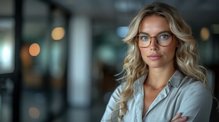   A beautiful blonde woman in glasses stands before a transparent glass wall, arms crossed, gazing directly into the camera