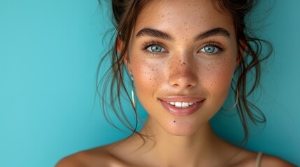   A close-up of a woman's face adorned with freckles - obrazy, fototapety, plakaty