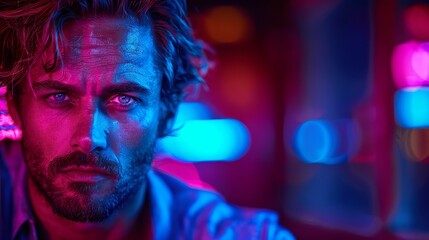   A bearded man with long hair gazes into the distance, surrounded by neon lights in a dimly lit room