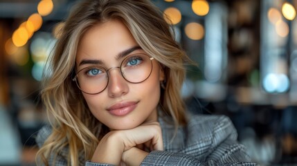   A women in glasses, gazing seriously at the camera, with one hand resting on her chin - obrazy, fototapety, plakaty