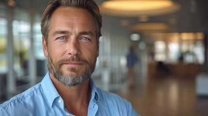   A bearded man in a blue shirt gazes intently into the camera with a serious expression