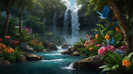 Digital Illustration of Exotic Waterfalls Landscape for Wallpaper and Digital Print