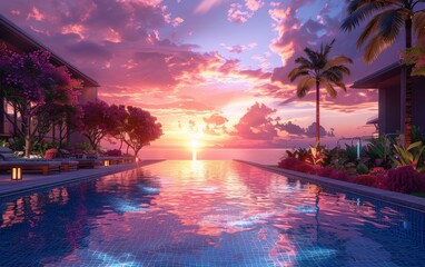An opulent resort-style infinity pool with a stunning view of a tropical sunset, embodying serenity and indulgence