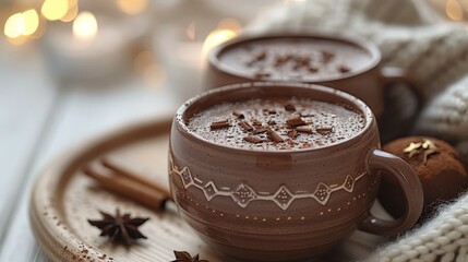   Two mugs of steaming hot chocolate rest on a plate, accompanied by cinnamon sticks and a seasonal ornament