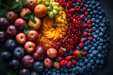 Colorful spiral arrangement of various fruits, making it visually appealing and highlighting the diversity and richness. - obrazy, fototapety, plakaty