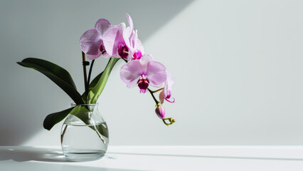 A single graceful purple orchid flower in a clear glass vase set against a crisp white background with hard shadow from window. Elegant home decor