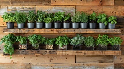   A wooden shelf, brimming with numerous potted plants, rests against a wall of interchangeable wood planks - obrazy, fototapety, plakaty