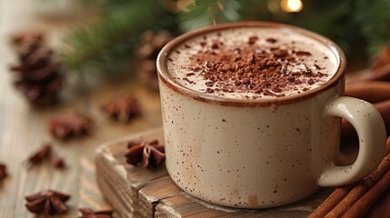   A cup of hot chocolate atop a wooden table, near cinnamon sticks and a Christmas tree