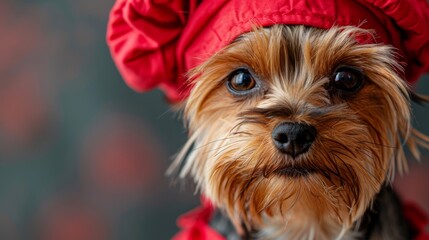  A tight shot of a little dog donning a red hat and a scarf, scarlet around its neck, with a distinctive black schnoz