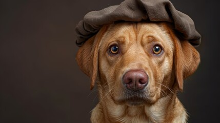   A sad-looking dog wearing a hat gazes at the camera