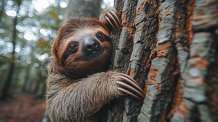 Fototapeta premium A sloth ascends a tree's side in a forest, its head positioned on the trunk