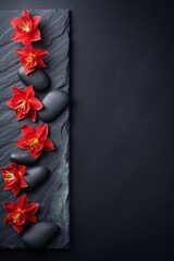 Red flowers and dark stones arranged on a slate tray. Peaceful spa setting.
