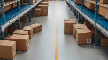 A long conveyor belt in a distribution warehouse with row of cardboard box packages for e-commerce delivery and automated logistics concepts as wide banner with copy space, futuristic, boxes 