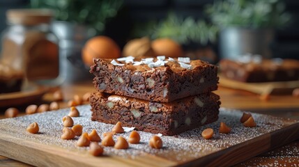   A stack of brownies on a wooden cutting board Oranges nearby A jar of orange juice beside them - obrazy, fototapety, plakaty
