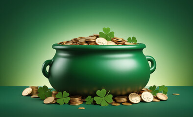 Pot of luck with coins, shamrocks and clovers, Banner, St. Patrick's Day, green background, vignette , detailed