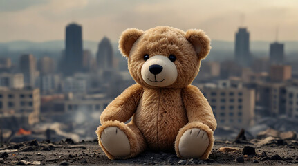 Small soft bear toy over city burned destruction of an conflict, earthquake or fire and smoke copyspace, abuse