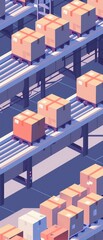 Clean, simple illustration of a warehouse with boxes on a conveyor belt, highlighting the efficiency of supply chain operations
