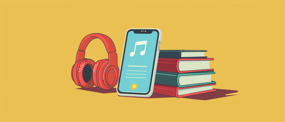 Clean, simple illustration of a smartphone displaying an audiobook app, set against a backdrop of quiet leisure