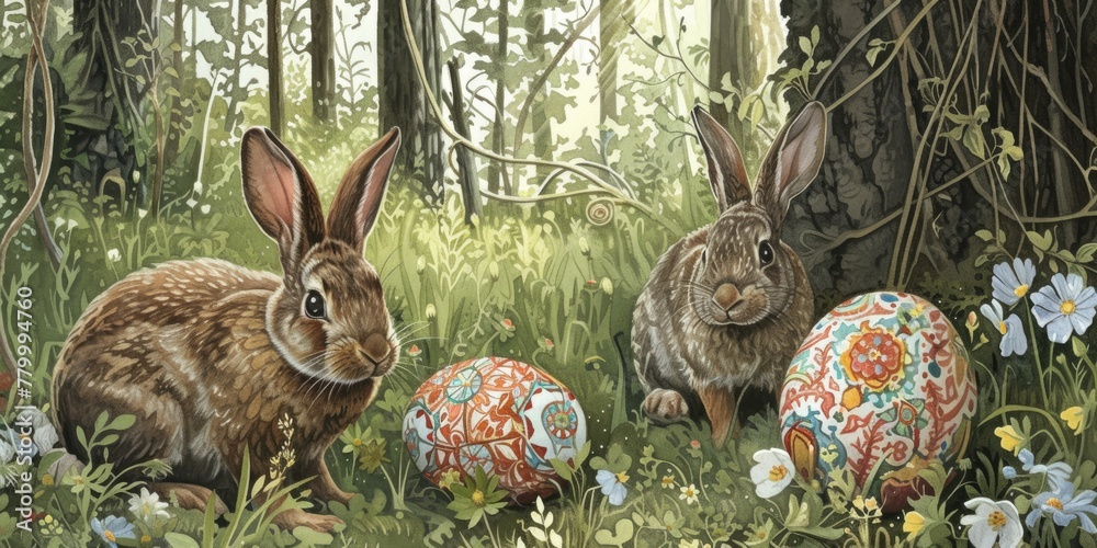 Poster A rabbit, possibly a Mountain Cottontail or Audubons Cottontail, is nestled in the grass among Easter eggs, resembling a scene from a painting AIG42E