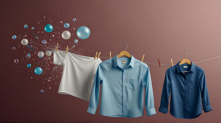 An advertisement style floating shirt with bubbles of laundry work as banner design with copy space, dry