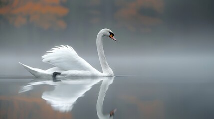   A white swan glides atop a tranquil lake, wings extended, mirrored in the foggy water's surface
