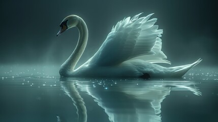   A white swan floats atop tranquil water, adjacent to a verdant forest teeming with countless trees