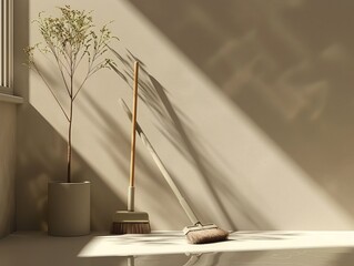 Minimalist depiction of a broom and dustpan against a serene backdrop, highlighting the simplicity and necessity of cleaning