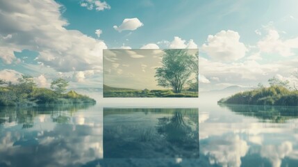 A background with a floating, framed canvas displaying only blank space within a scenic landscape.